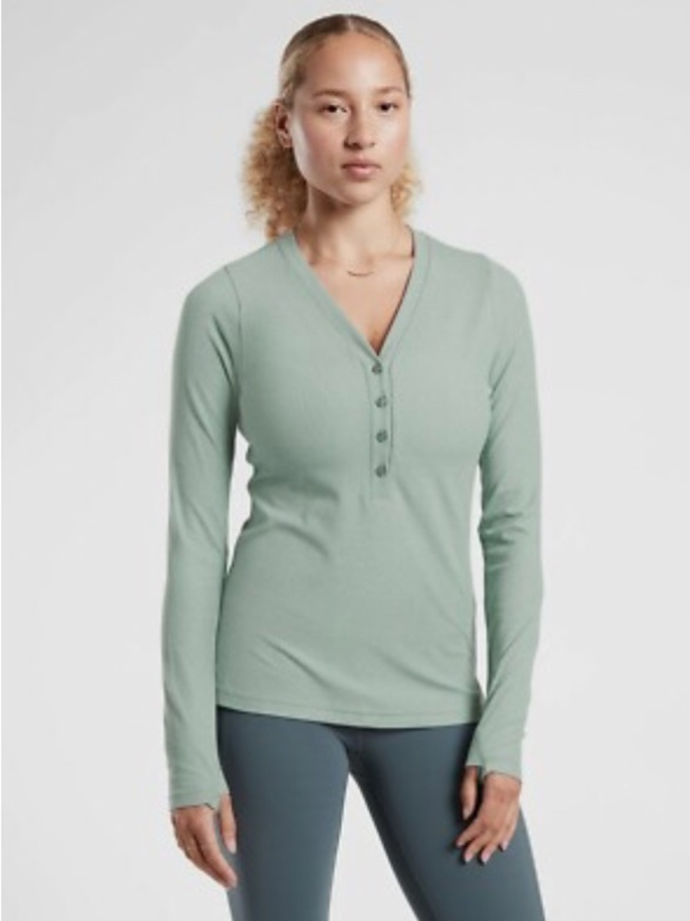 Athleta Uptempo Sage Green Ribbed Henley Top Size L
